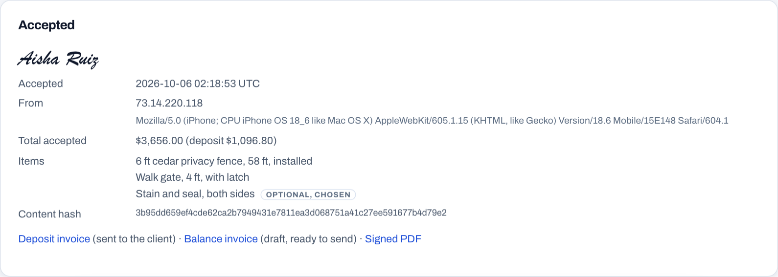 The acceptance record as the business sees it: signer, time, IP address and browser, the items chosen, the content hash, and links to the deposit and balance invoices