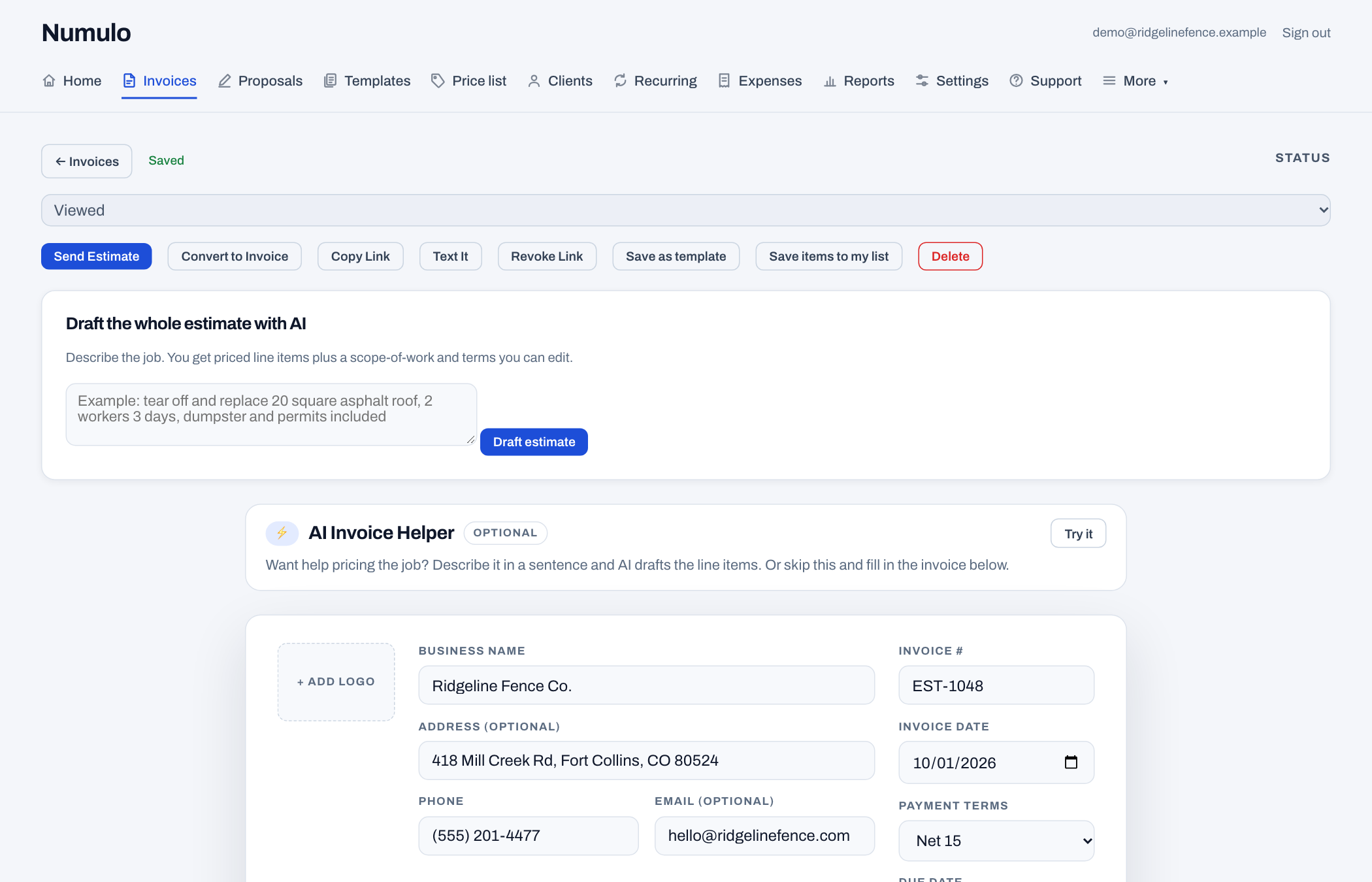 An estimate in the editor with the AI draft panel: describe the job and get priced line items, a scope of work, and terms