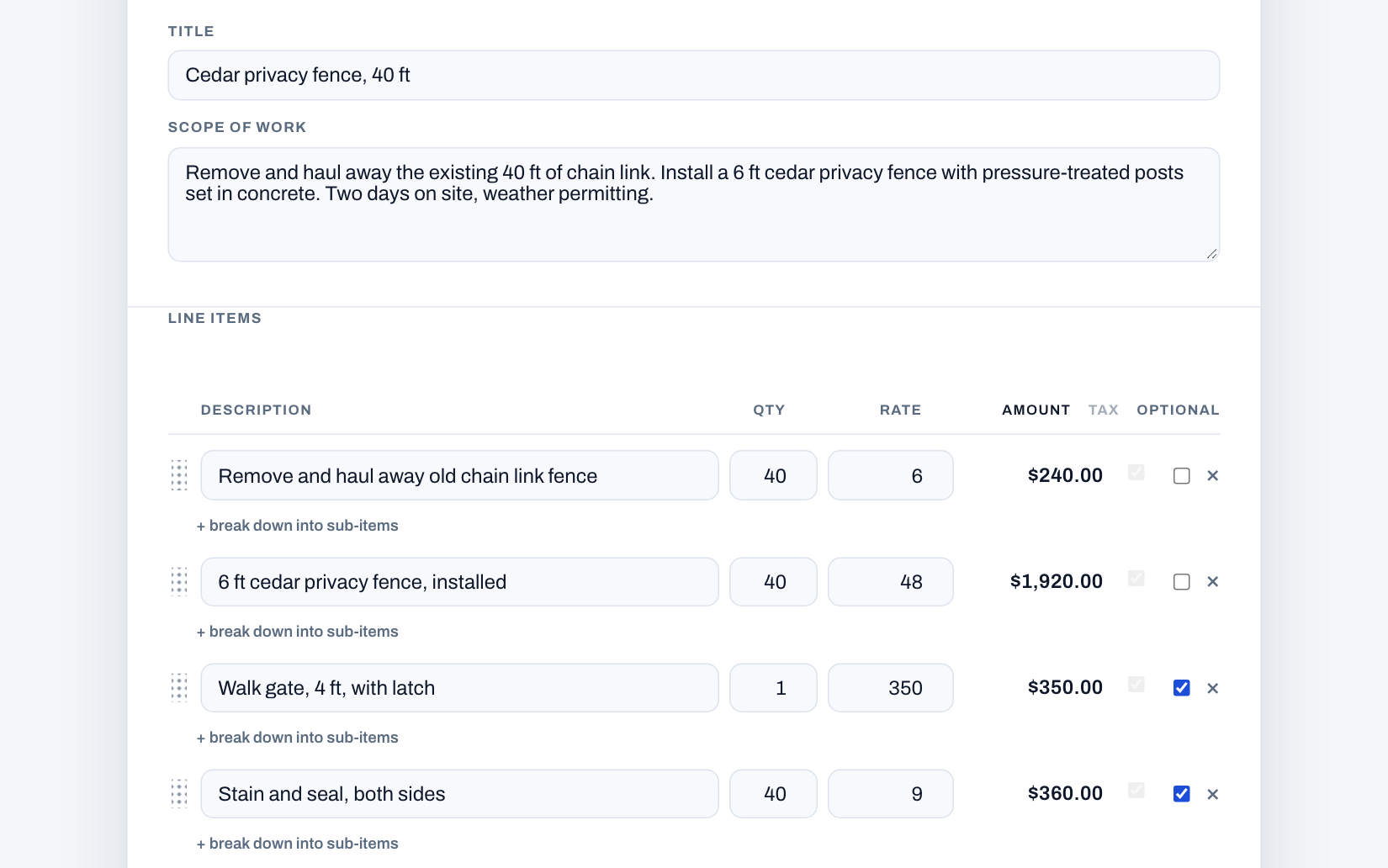 The proposal editor: title, scope of work, and priced line items with two add-ons marked optional