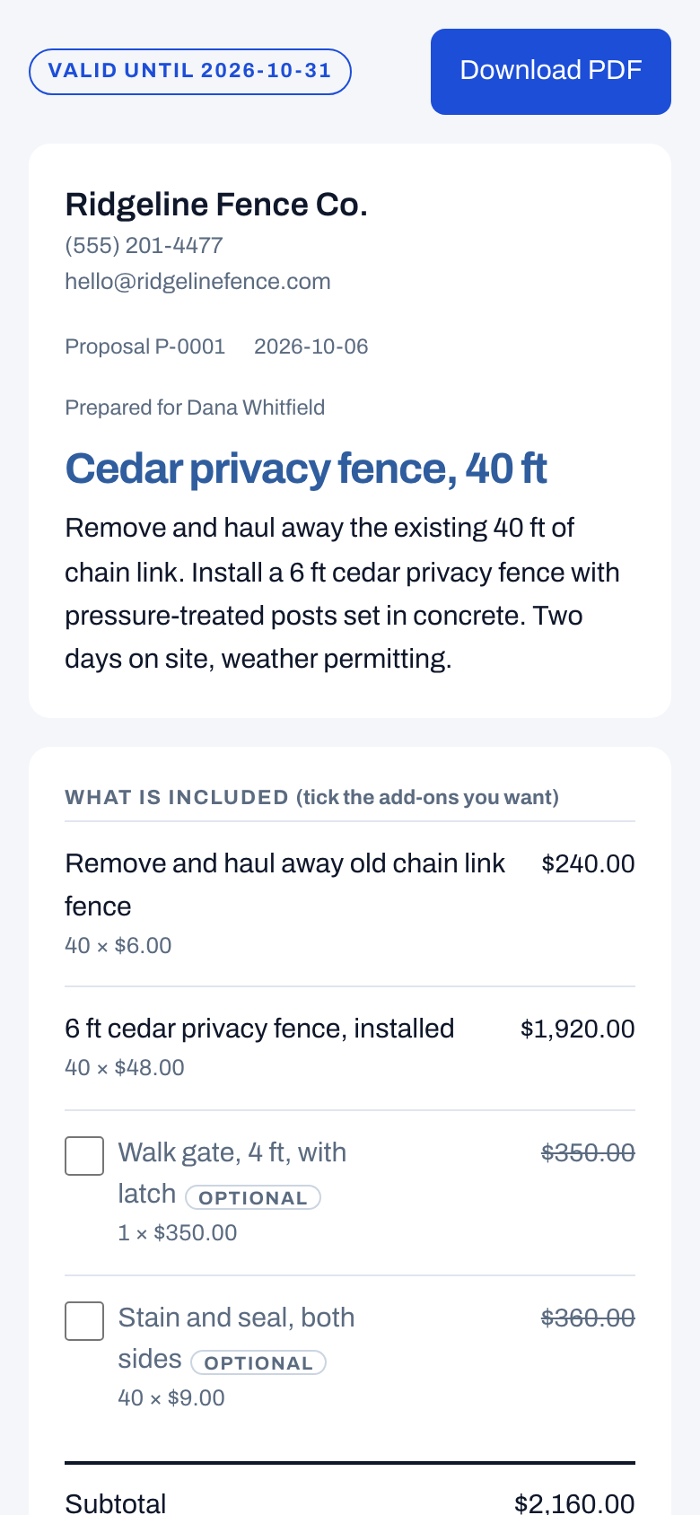 The customer's phone: the scope, the included items, and the optional add-ons as checkboxes