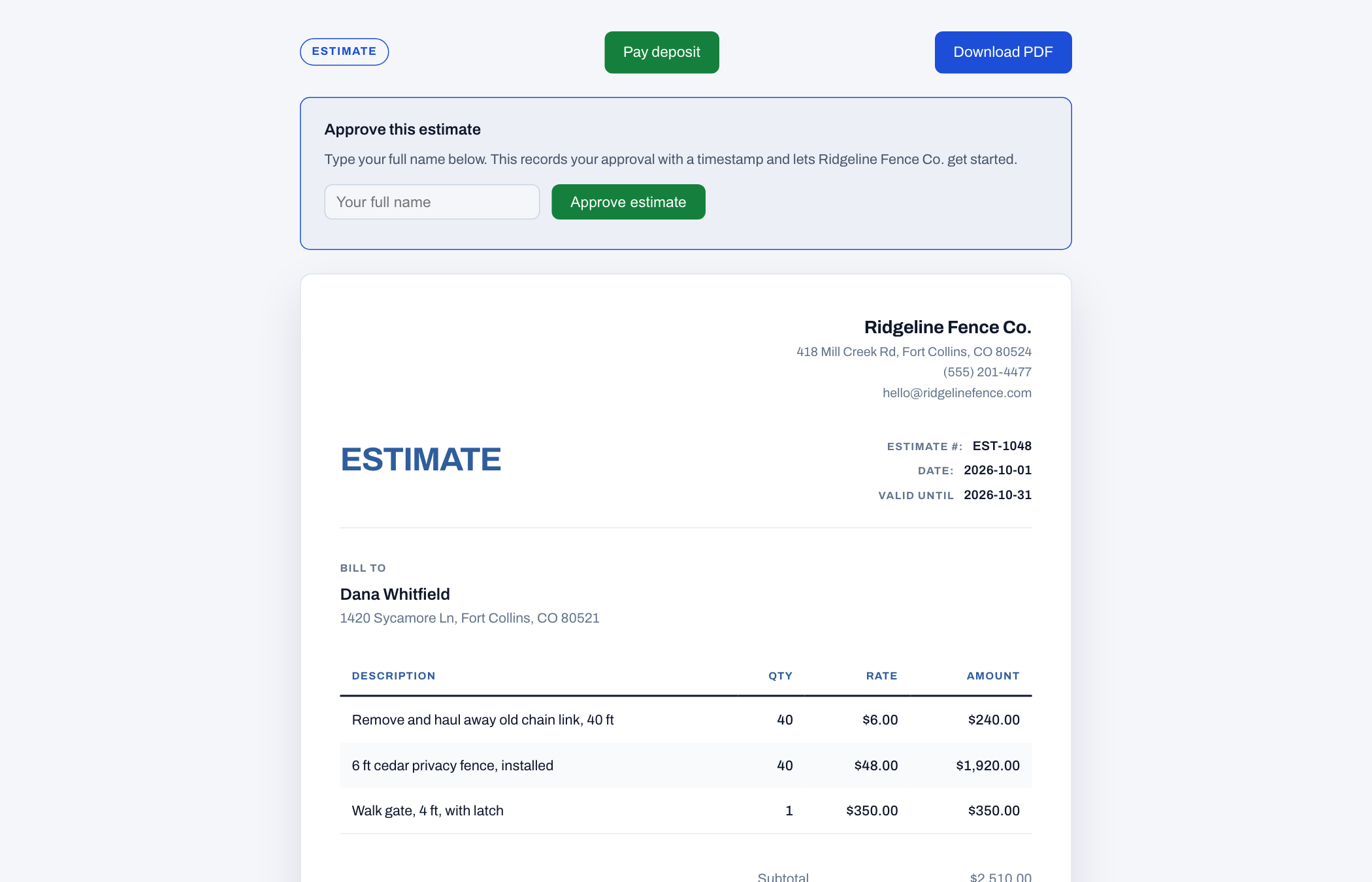 The customer's approval page: a typed-name box, an Approve button, a Pay deposit button, and the estimate itself