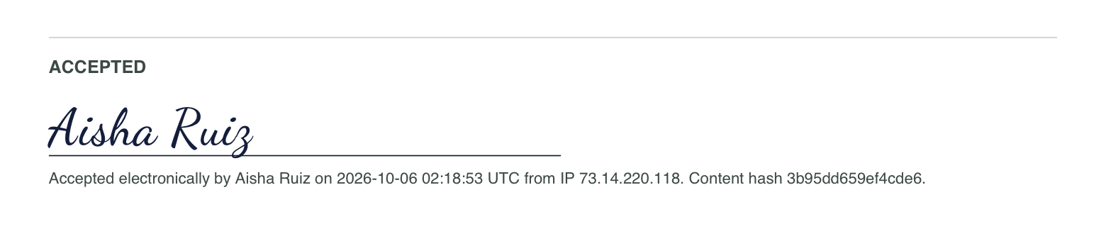 The signed PDF footer: the typed name rendered in script above the acceptance line with the time, IP address, and content hash